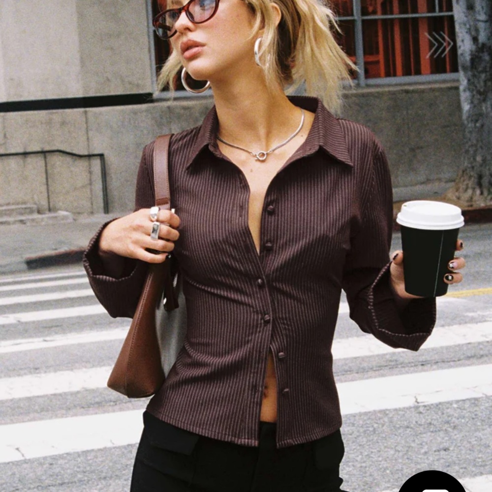 Princess Polly ANNI PINSTRIPE SHIRT BROWN